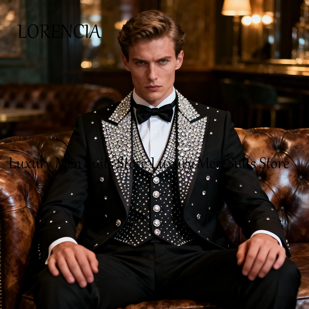 

Unique Design Men Suits 3 Pcs Glitter Diamond Tuxedos Evening Dinner Party Outfits Customized Blazer Pants Prom Man ropa hombre