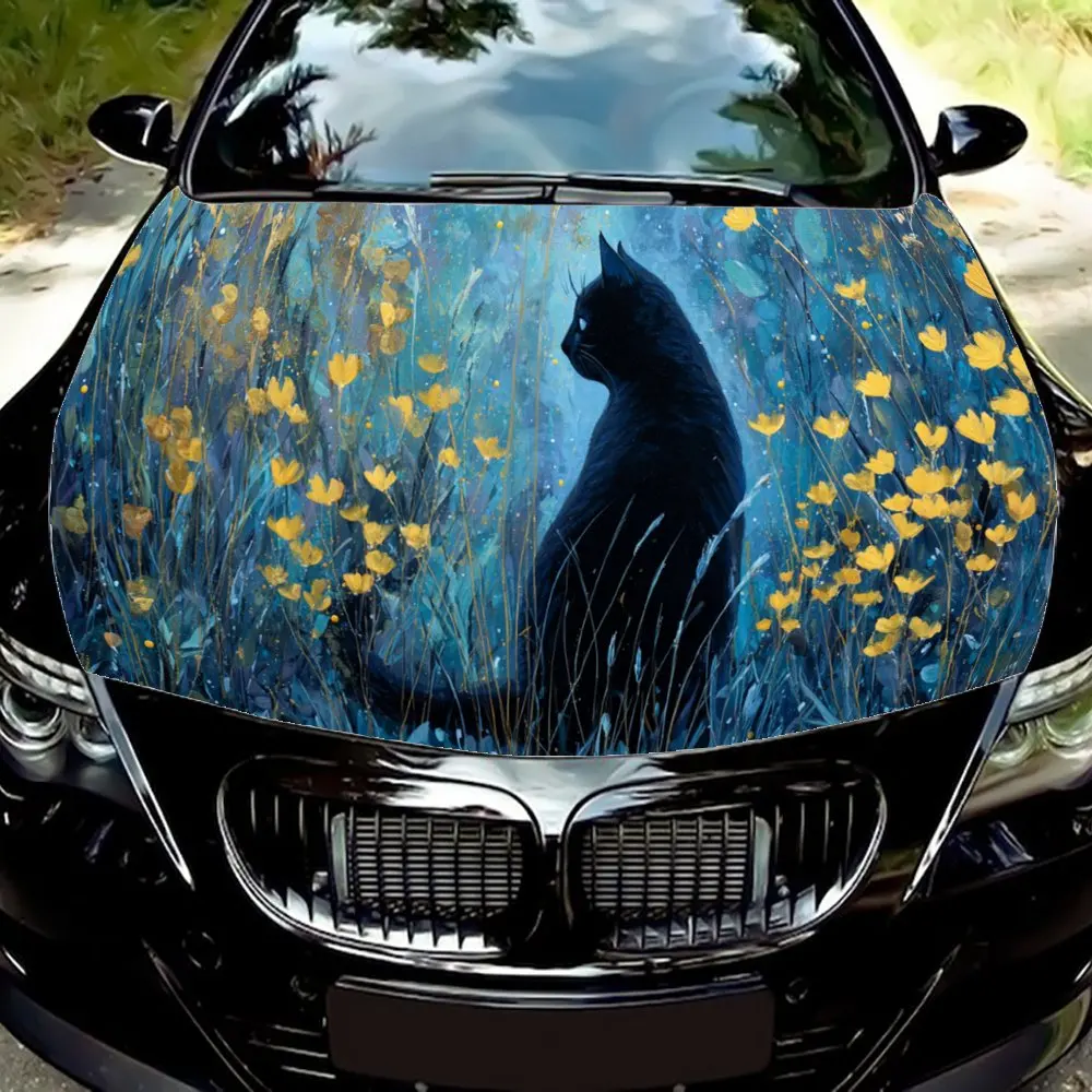 Charming Dreamy Black Cat in Moonlit Flower Field Car Hood Sticker PVC Self Waterproof stick, Striking Auto Exterior Accessories