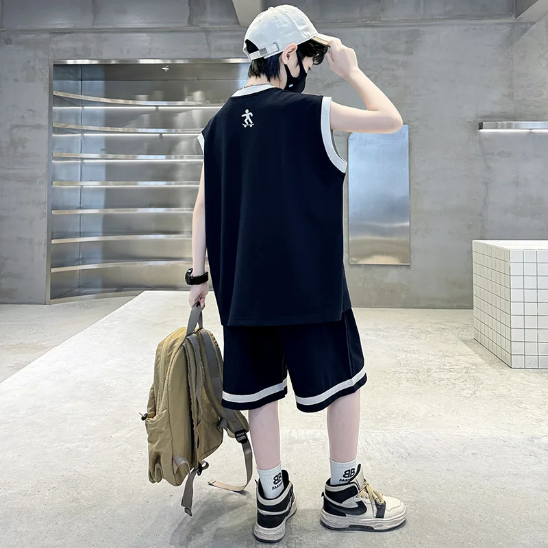 Casual Boy ฤดูร้อนเสื้อผ้าชุดผ้าฝ้ายชุดเด็กแขนสั้นกางเกงขาสั้น 2PCS เด็กวัยรุ่นหรูหราเสื้อผ้าชุดวอร์ม