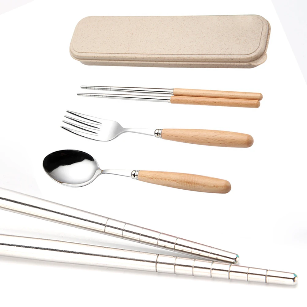 

3 PCS Beech Wooden Handle Tableware Spoon Stainless Steel Spoons Chopsticks Fork
