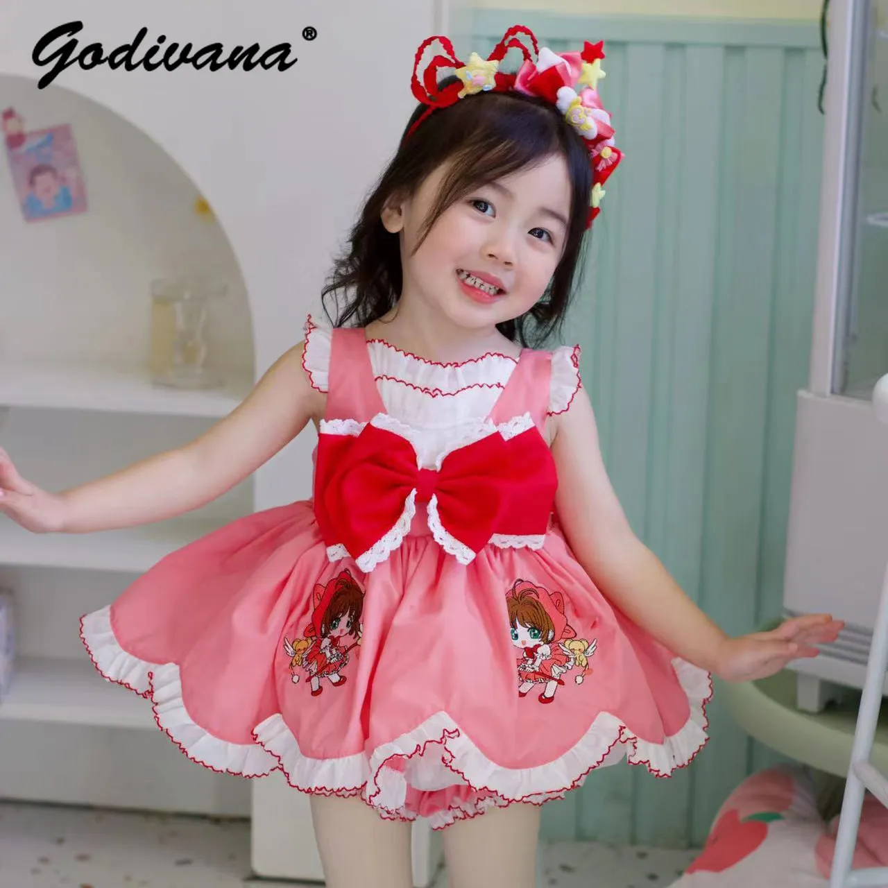 Baby Girls Cardcaptor Sakura Cosplay Set 2026 Summer New Red Bow Sleeveless Ruffle Trim Cute Cartoon Print Princess Slip Dress