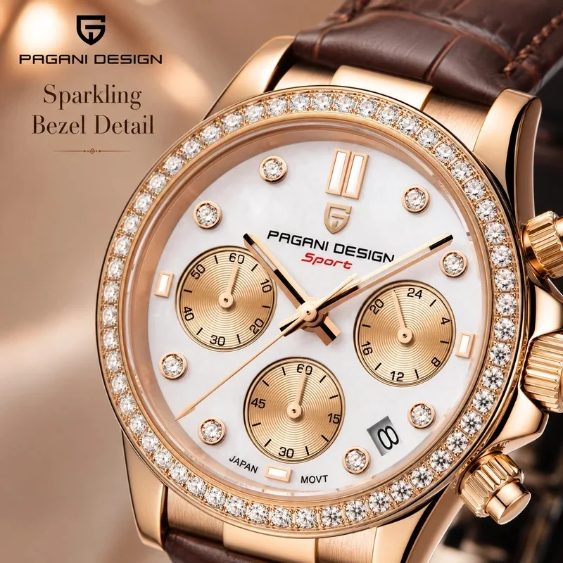 PAGANI DESIGN Women Chronograph Quartz Watch Rose Gold Luxury Sapphire Stainless Steel Elegant Sports Ladies Wristwatch
