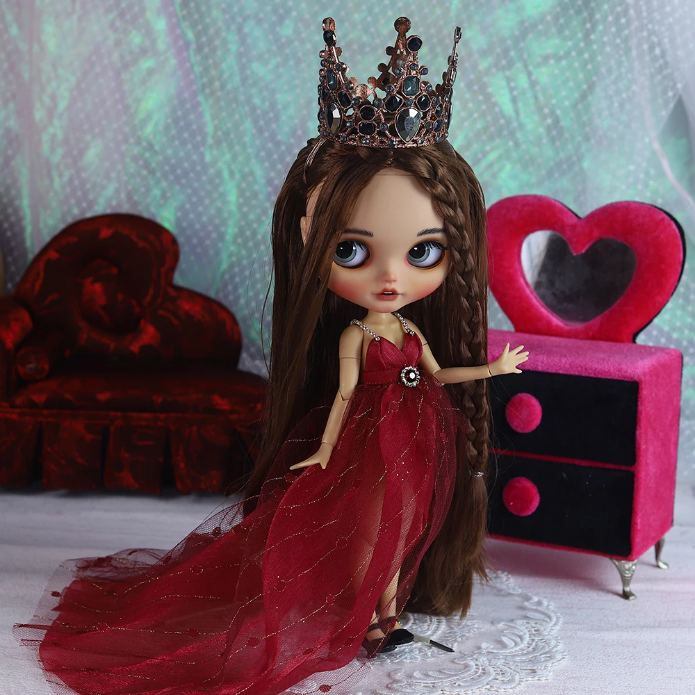 ICY DBS Blyth Doll Brunette The Red Queen Princess Dress Tan Skin Matte Face Bunny Teeth 30cm Doll Festival Girls Birthday Gifts