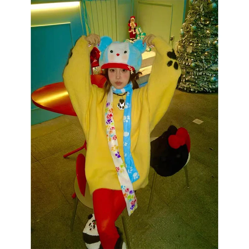 하라주쿠 프린트 스웨터 여성 Y2K 오버사이즈 니트 풀오버 일본식 긴팔 니트웨어 겨울 O넥 캐주얼 디자인 점퍼