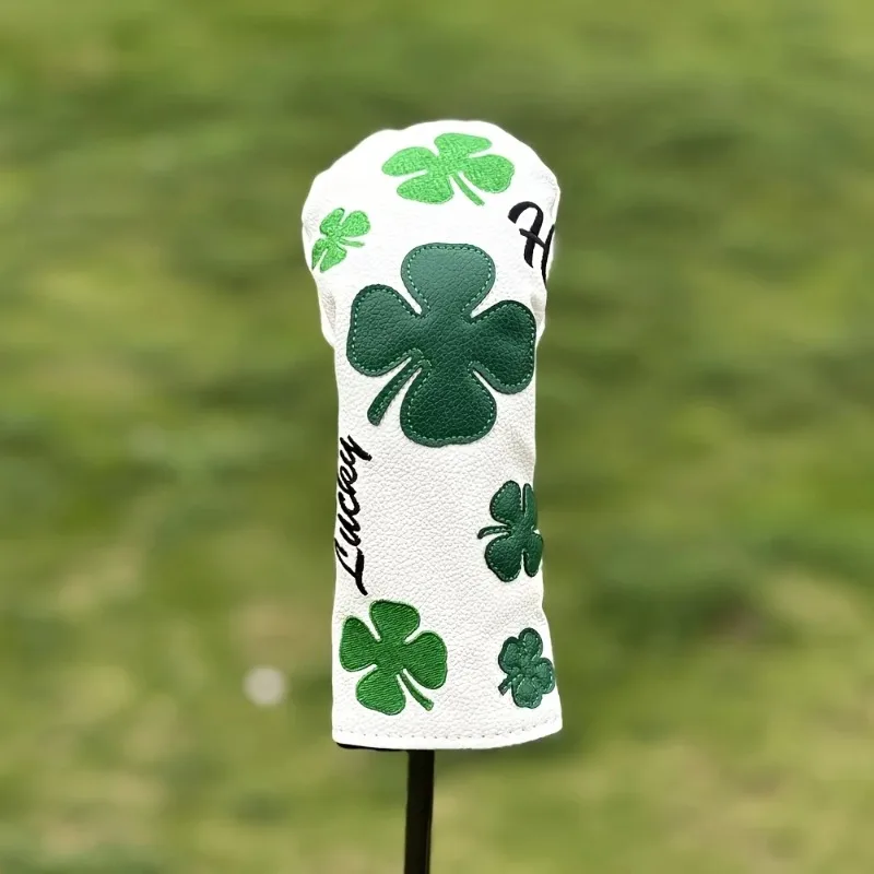 ปลอกคลุมหัวไม้กอล์ฟลายโคลเวอร์สุดหรู - สีขาวทนทานพร้อมลายโคลเวอร์สี่แฉกสีเขียว ป้องกันรอยขีดข่วน