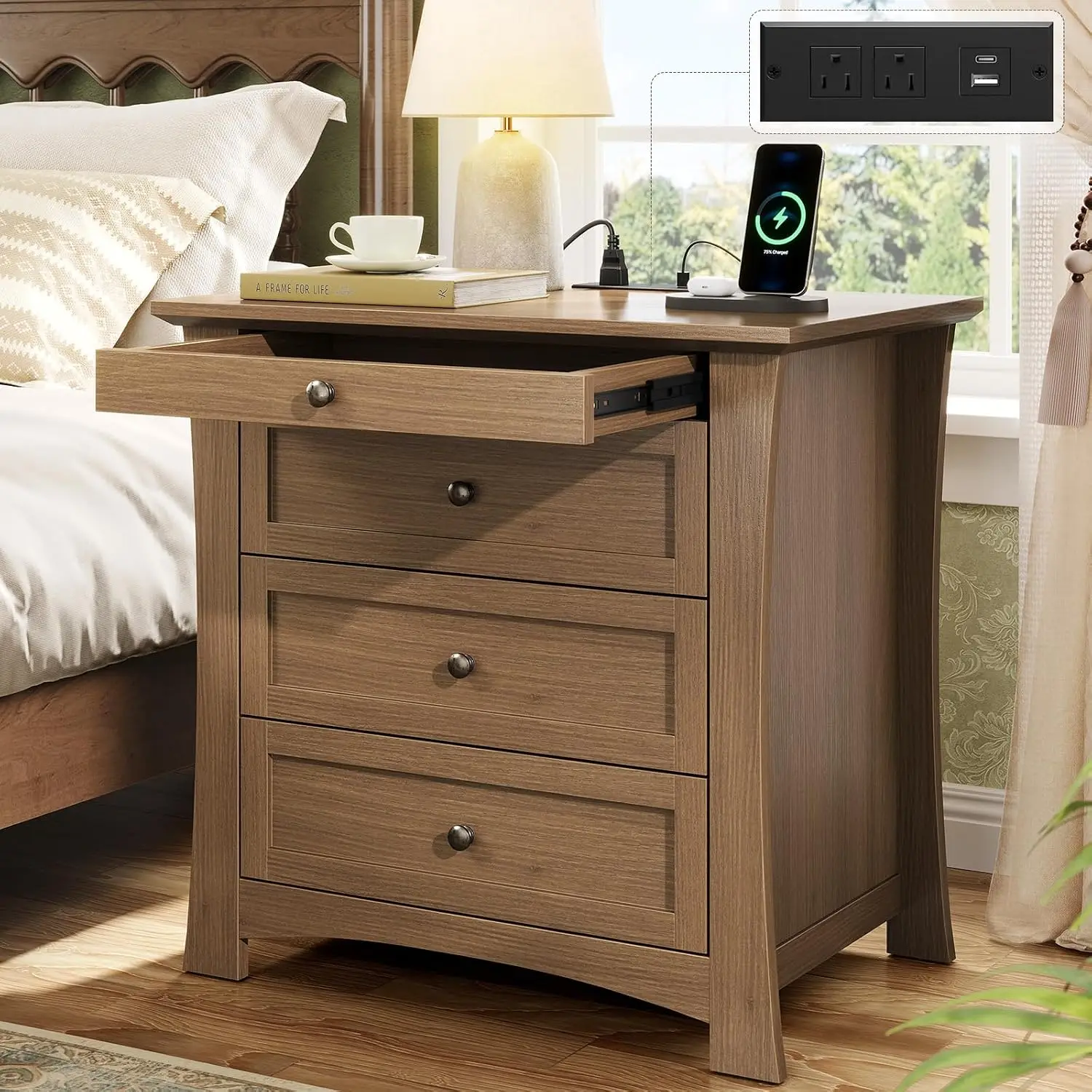 Nightstand with Charging Station, Walnut Nightstand with 3 Drawers and Pull-Out Tray, 25.4 Inch Tall Night Stand, Customized