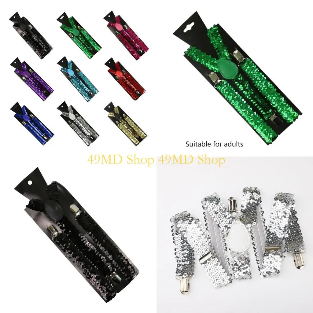 

49MD Shinning Sequin Suspenders for Men and Woman Elastic Wide Adjustable Heavy Duty Strong Pant Clip Suspender Costume