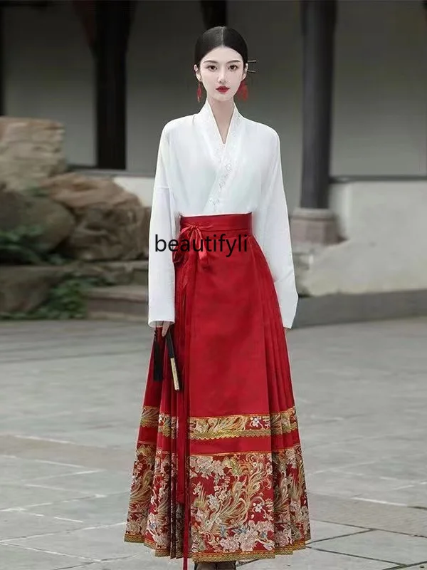 Ming Han Clothing Horse-Face Skirt Women's Aircraft Sleeve New Chinese Red Wedding Clothes Festive Suit