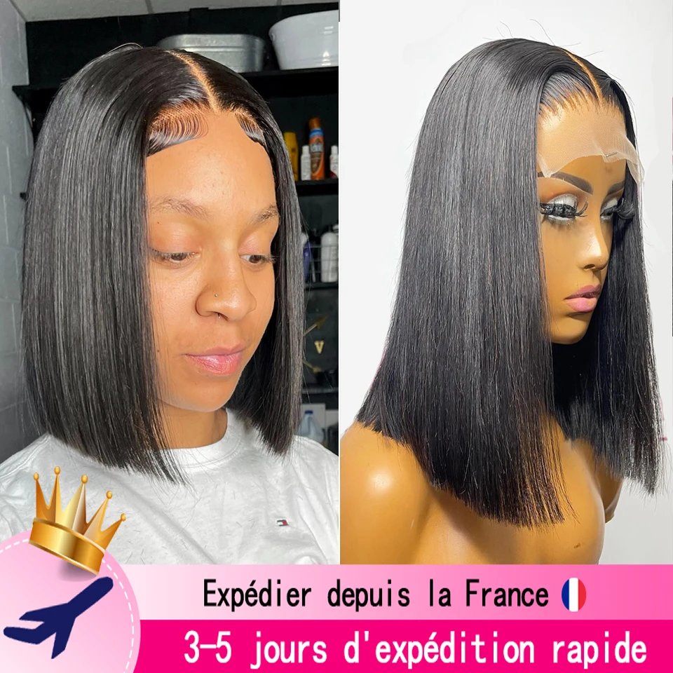 Perruque Bob Lace Wig 100% naturelle, cheveux humains,13x5x1 côté/partie médiane, pre-plucked, coupe émoussée, pour femmes