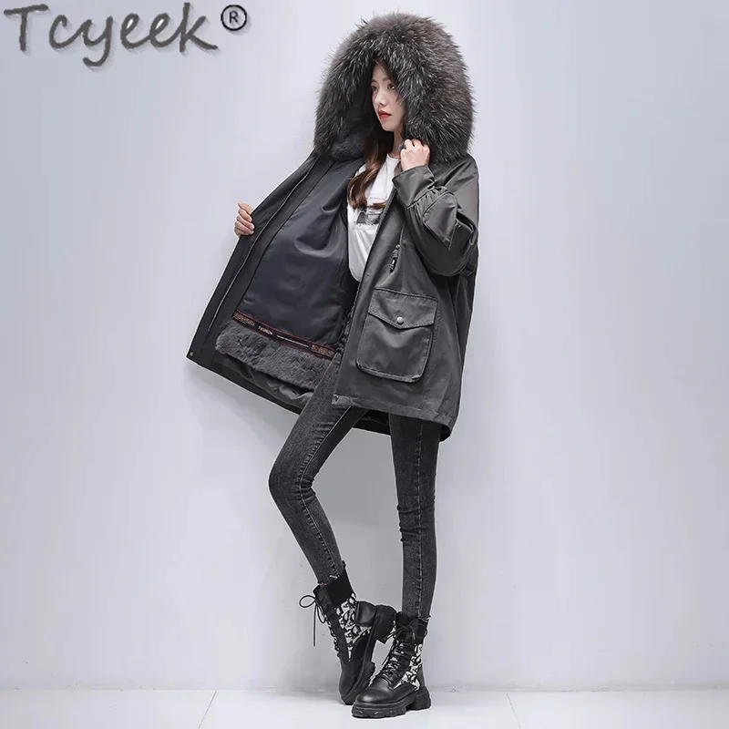 2024 Tcyeek Winter Women Clothes Mid-long Parka Female Warm Raccoon Collar Elegant Rex Rabbit Fur Liner Detachable Coat