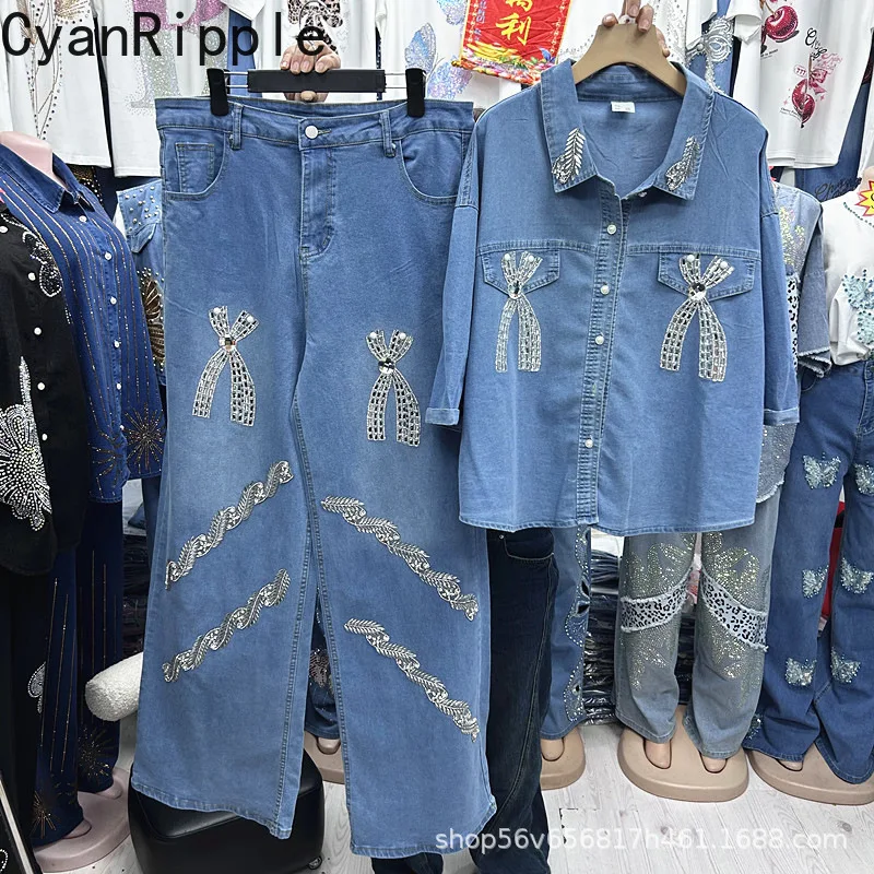 

Fashion Spring Summer Women Denim Sets Diamonds Bow Loose Short Sleeve Cardigans Shirt + High Waist Wide Leg Long Denim Trousers