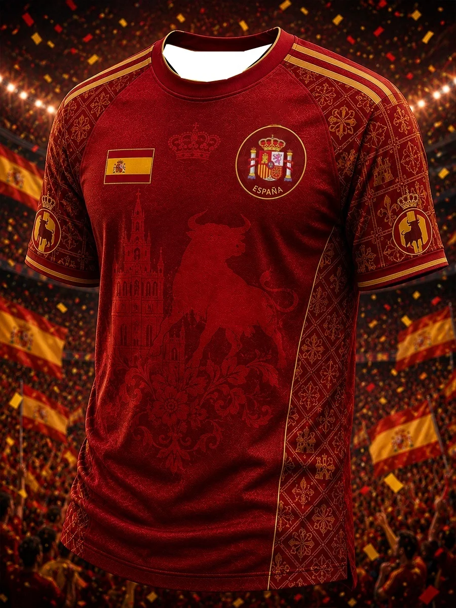 Spain 2026 Commemorative National Team Championship Football Jersey, Fan Friendly 3D Quick Drying Sports Casual T-shirt for Men