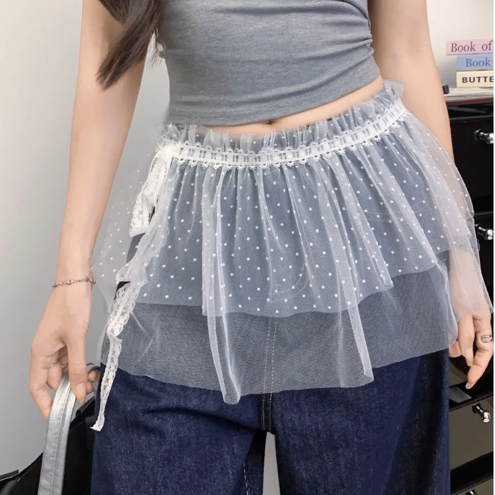 

Мини-юбка в стиле Харадзюку с кружевной сеткой, оборками, высокой талией, многослойная, с эластичным джинсовым декоративным подолом, плиссированная