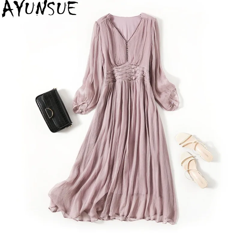 

AYUNSUE 100% Silk Dresses for Women Elegant Solid Color V-neck Dress 2026 Woman Casual Dresses High Quality Woman Clothes Платье