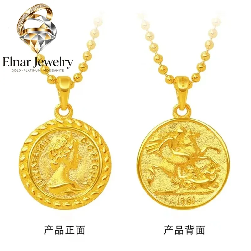 Elnar Jewelry Women's 24K Gold AU999 Majestic Double-Sided Queen Necklace Ancient-chiseled crown with iris-lion motifs, regal fo