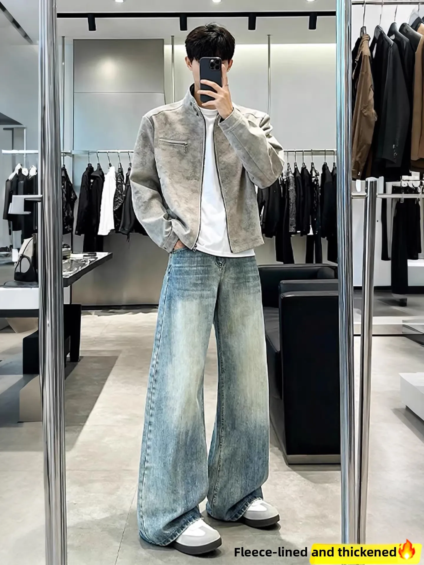 

High Waist Straight Leg Jeans Men's American High Street Wide Leg Loose Fit Long Pants Bamboo Texture Micro Flared Jeans