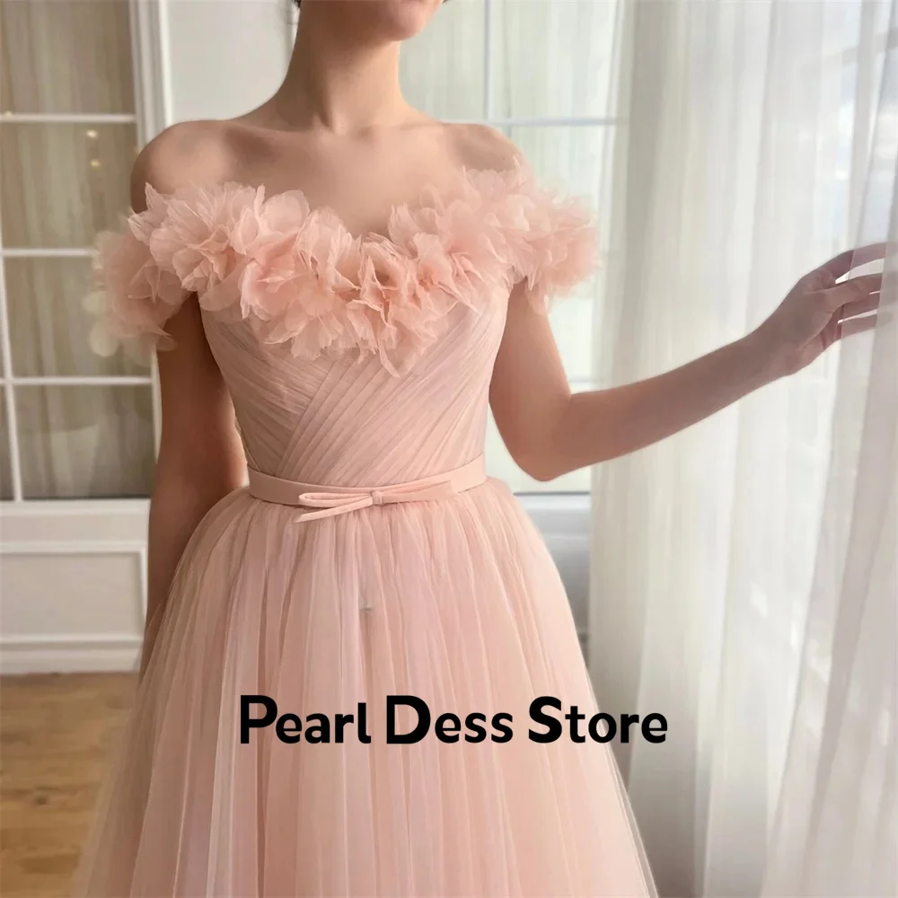 Off shoulder sheer evening dress with floral sweetheart Pastrol A-line tea long lace up back dance dress 2024