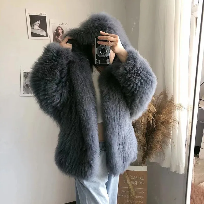 Automne hiver luxe tricoté manteau de fourrure femmes Double manches longues tissé doublure mode réel manteau de fourrure de renard nouveau Style vestes