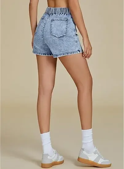 Women Denim Short Pants Elastic Waist Pleated Straight Trousers Y2k Streetwear Beach Skirt Pant Work Causal Washed Slim Fit 2026 view 4