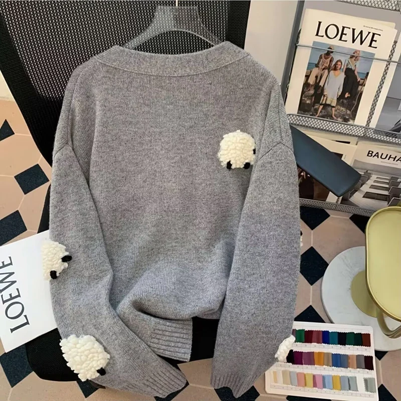 Vintage Stickerei Lose Strickjacke Frauen Herbst Winter V-ausschnitt Offenen Stich Pullover Koreanischen Stil Stricken Jacke Tops Mujer