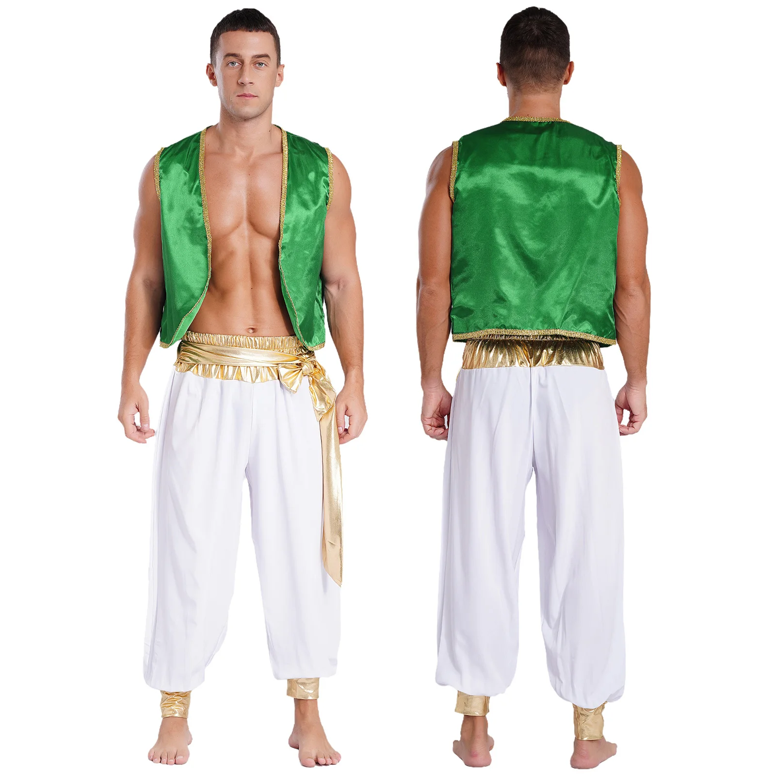 

Mens Indian Arabian Prince Costume Blazer Tops Stain Shiny Gold Trim Open Front Curved Vest Halloween Carnival Cosplay Waistcoat