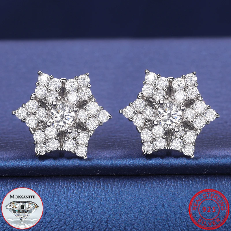 

New 925 Sterling Silver Snowflake Stud Earrings for Women Mem Test Passed Moissanite Detachable Hoop Earrings Party Jewelry Gift