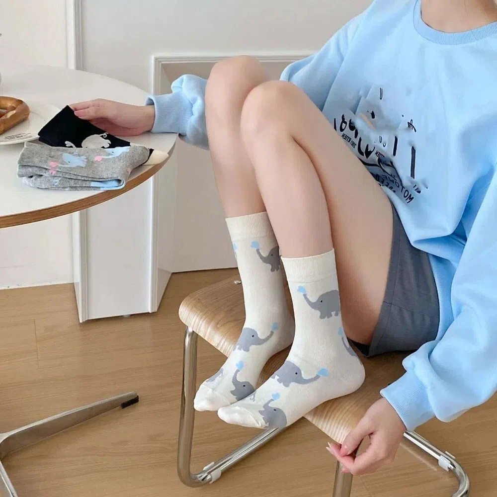 Chaussettes mi-tube en coton éléphant mignon, bonneterie de style Lolita, chaussettes courtes d'animaux de dessin animé, lettre de style japonais