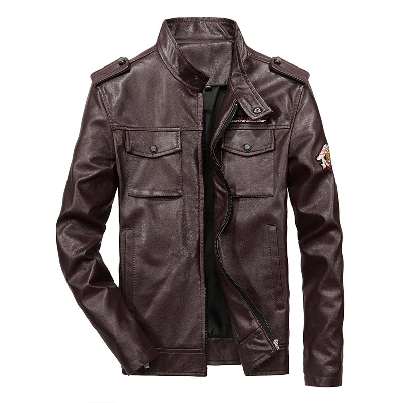 Mens Leather Jacket Stand Collar Trend Spring and Autumn New Leather Jacket Handsome Motorcycle Suit Youth Oversized Jacket