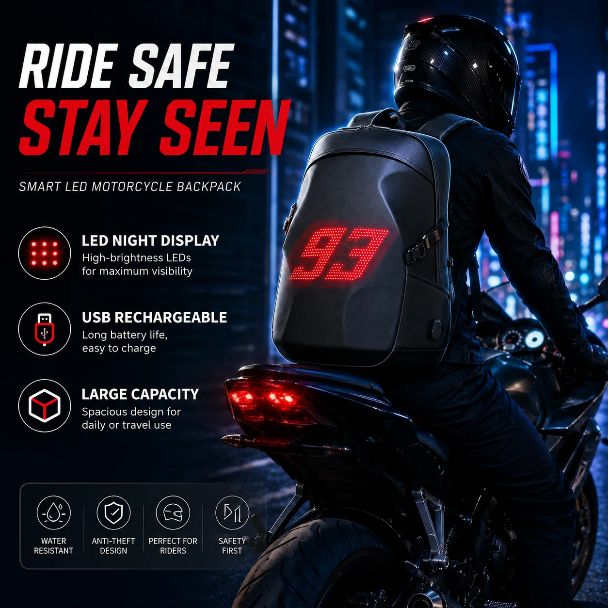 ALBERS Motorcycle Helmet Backpack Men Large Capacity Water Resistant Full Face Helmet Carrier Bag Moto Touring Travel Pack Black