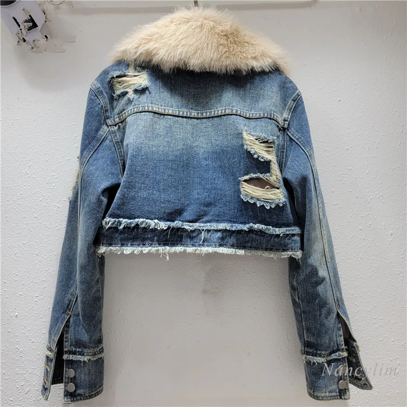 2024 Winter Short Warm Jacket Woman New Niche Sift Faux Fur Collar Pocket Burr Edge Thickened Denim Cotton-padded Jacket