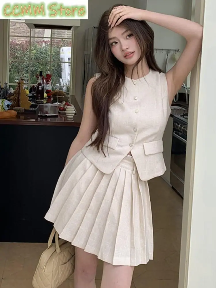 

Summer Pleated Mini Skirt Set Korean Preppy Style Sleeveless Jacket 2 Piece Suit Women Elegant Office Workwear Ladys Clothing