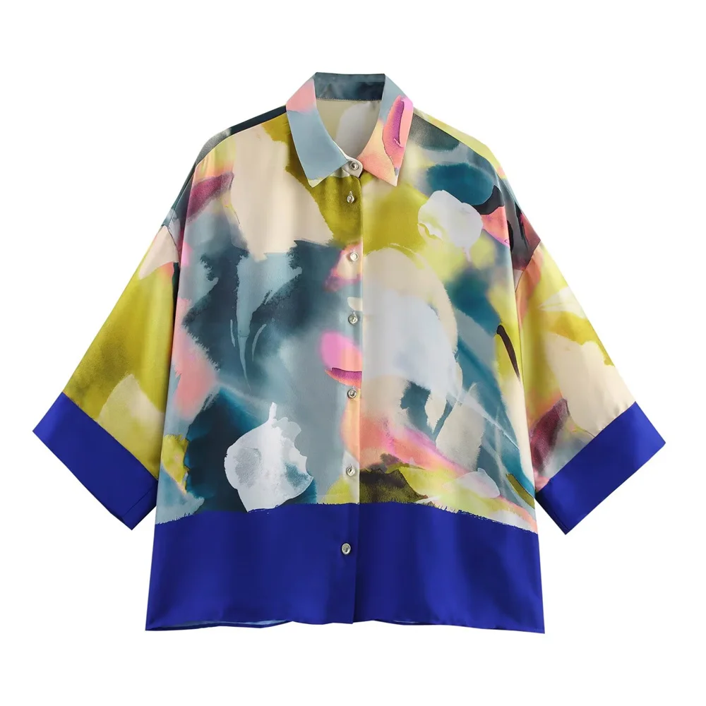 

PB&ZA 2025 Womens Oversized Printed Blouse with Color Blocked Cuffs and Hem Stylish and Trendy 3/4 Sleeve Shirt