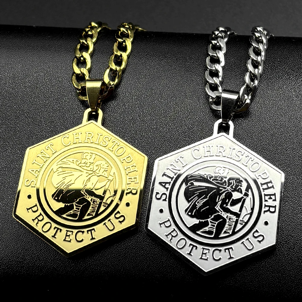 Octagonal Saint Christopher Protect Us Pendant Necklace for Women Men Stainless Steel Gold Color Christian Amulet Chain Jewelry