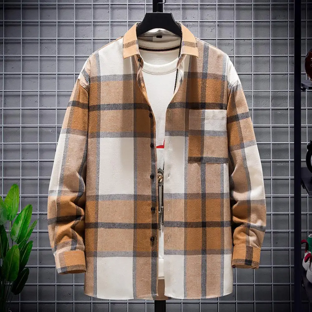 Men Plaid Shirt Coat Turndown Collar Long Sleeve Loose Autumn Shirts Spring Mens Shirt Japan Vintage Style Cardigan Shirt Coat