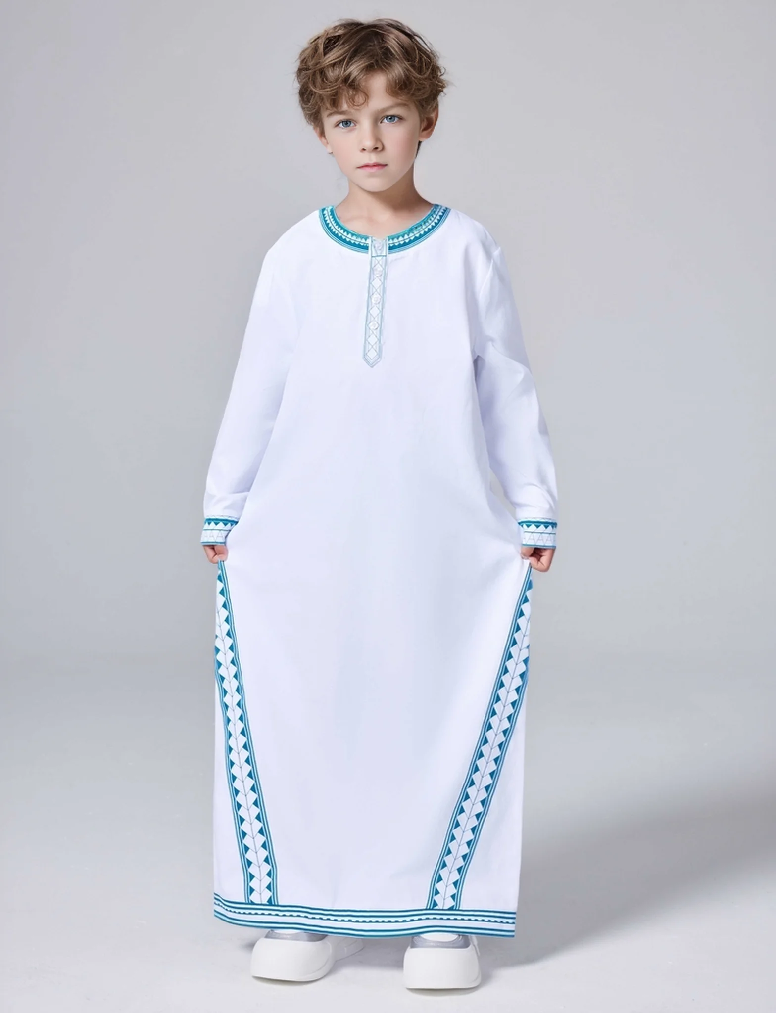 Ramadan Islam Muslim Thobe For Kids Middle East Arab Dubai Malaysian Boy Printed Loose Robe Button-up Shirt