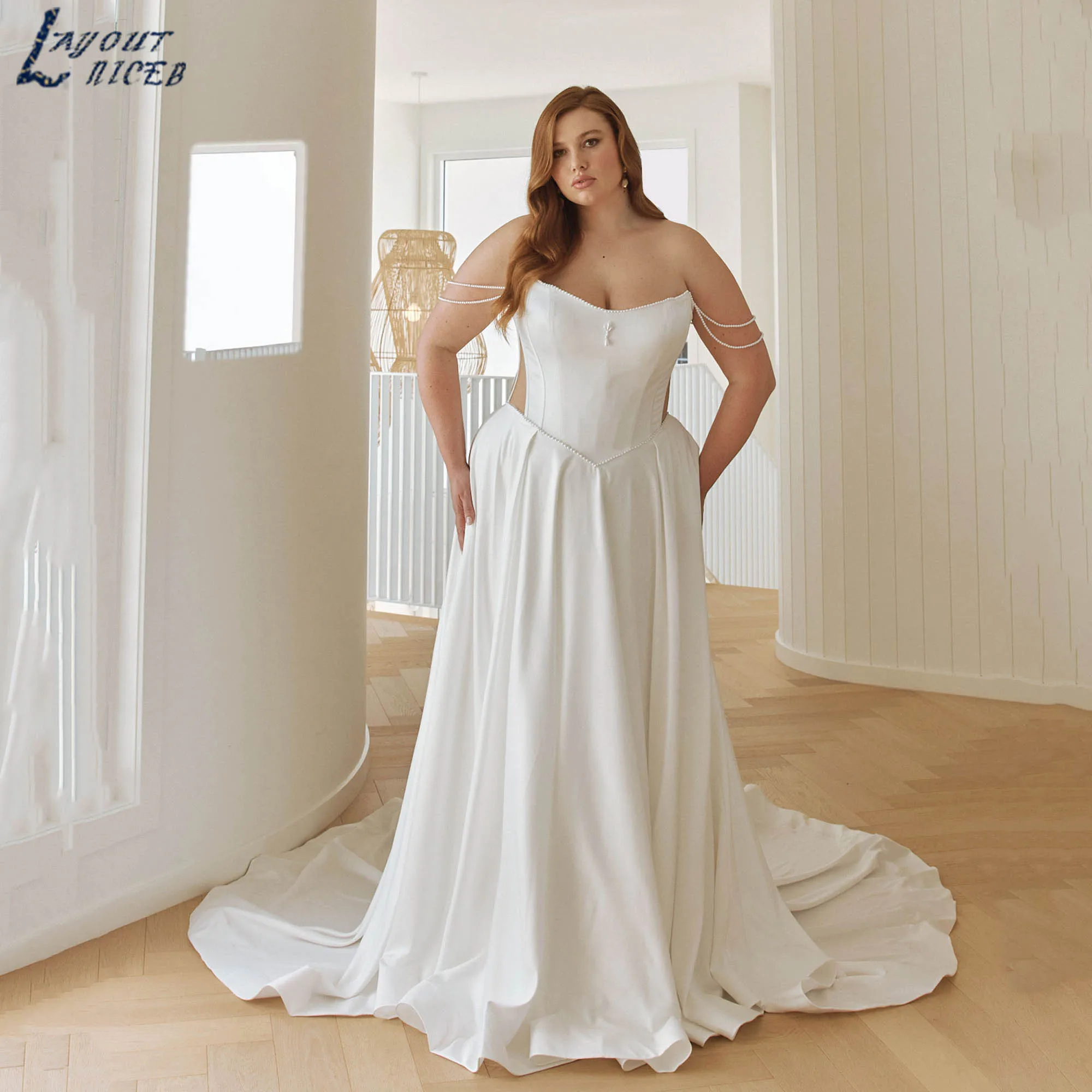 

Minimalist Satin Wedding Dress with Pearl Beading Strapless A-line Bridal Gown Backless Plus Size robe de mariée 2026 Customized