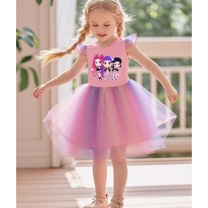Vestido Infantil K-Pop Hunters Rumi para Meninas, Vestido de Princesa com Estrelas de Lantejoulas e Mangas Voando, Presente de Aniversário