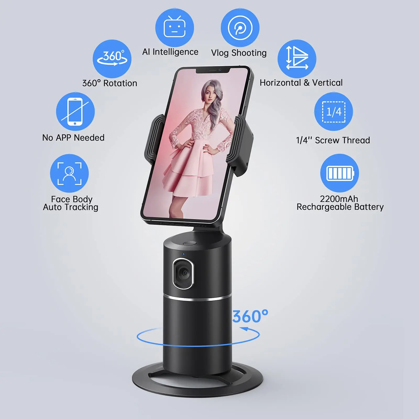 Auto Face Tracking Tripod, 360° Rotation Body Phone Camera Mount Smart Shooting Holder with Remote Selfie Stick, Gesture Control