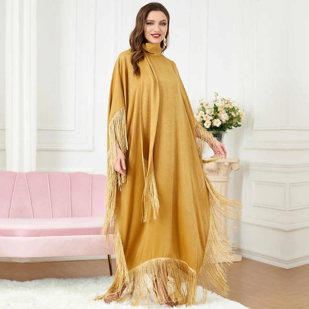 Imagem -04 - Abayas para Mulheres Dubai 2023 Nova Moda Muçulmana Borla Batwing Manga Xadrez Vestido Longo Marroquino Kaftan Robe Modesto Vestido Ramadan