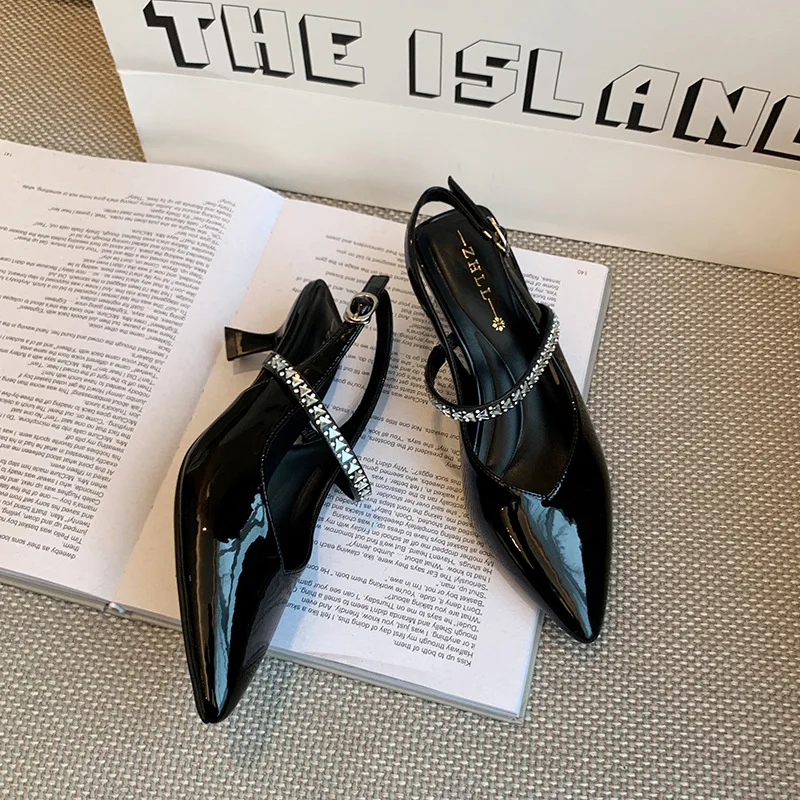 Nude-colored closed-toe mules with rhinestones, pointed-toe high heels for wide and wide-footed women, plus-size women's shoes view 5