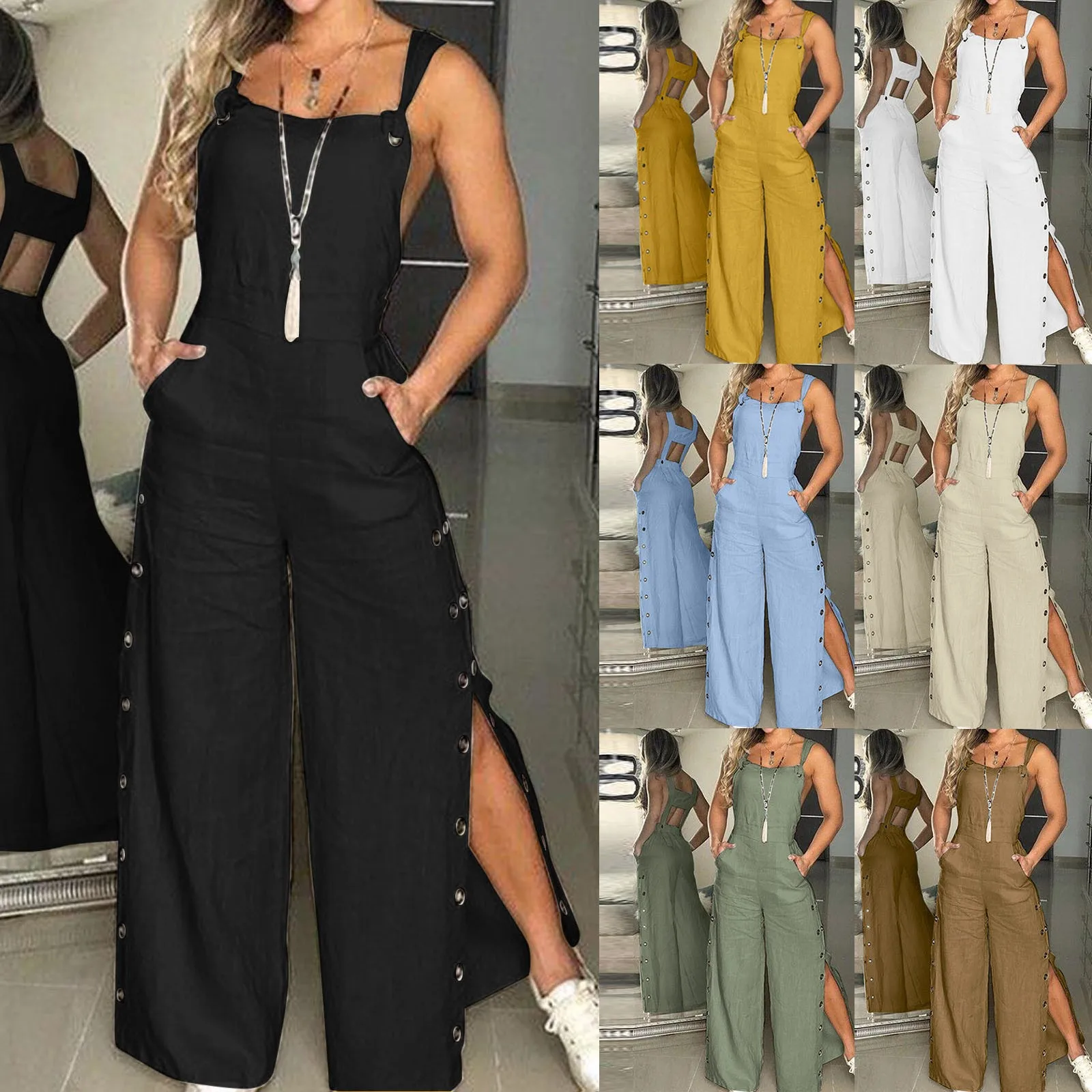 Ladies Sexy Romper Jumpsuit 2024 Summer Sleeveless Twisted Knot Cotton Strappy Pants Button Openings Fashion Women Jumpsuits