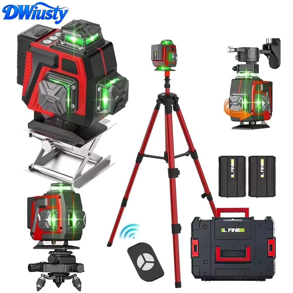 Niveau laser DWiusty à 16 lignes avec trépied de 1,2 m, ligne verte, auto-nivelant, faisceau laser horizontal et vertical à 360°, télécommande