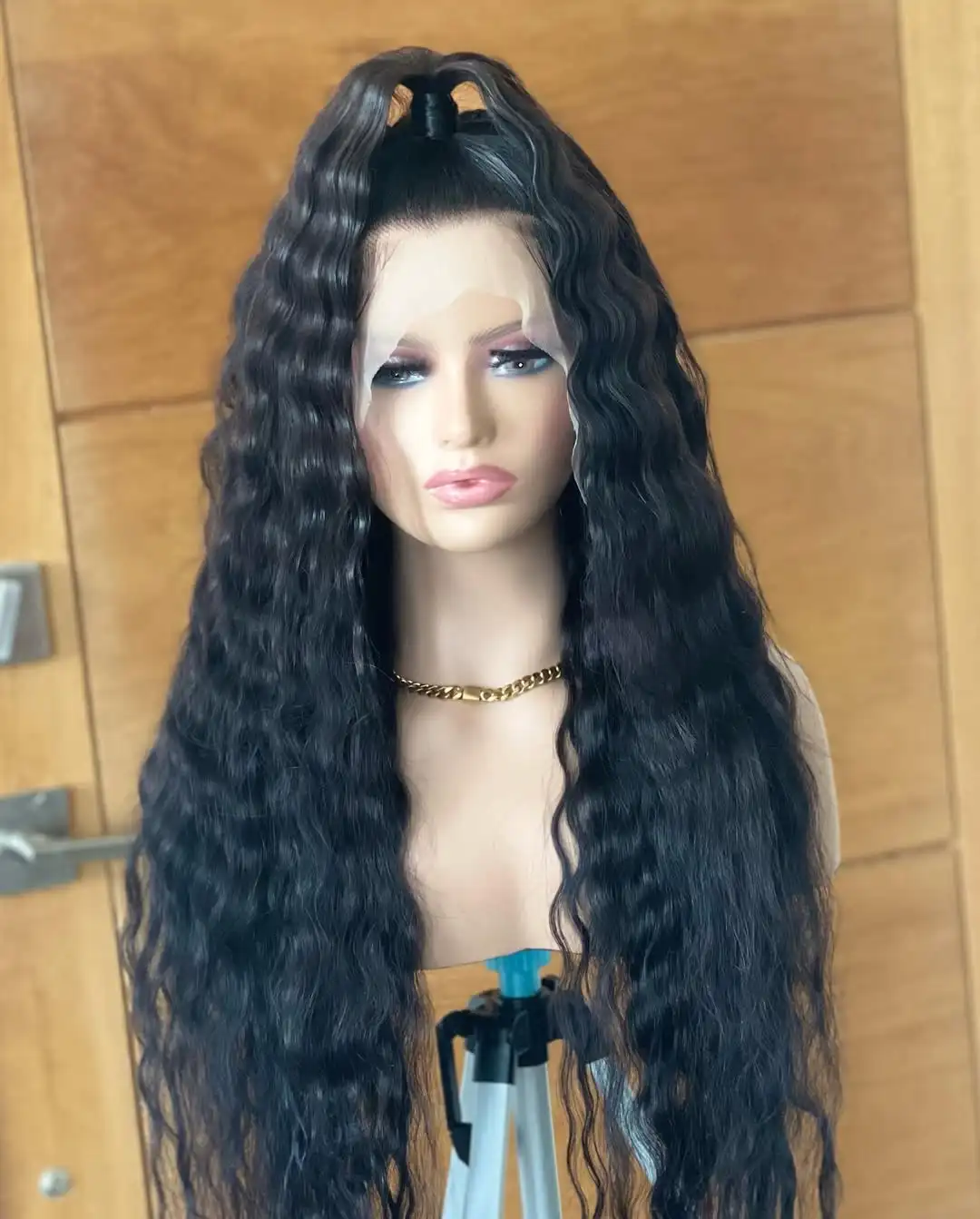 

Длинный синтетический парик с высоким хвостом и глубокими волнами, натуральный черный цвет, 26 дюймов, с кружевной передней частью, для чернокожих женщин, легко устанавливается, долговечный.