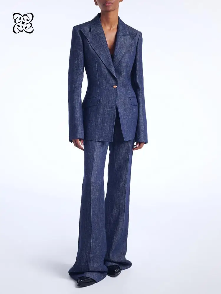 

2026 Dark Denim Blue Blazer Pant Suit Single Breasted Fitted Jacket&High Waist Flared Trousers Two Piece Set for Office Commute