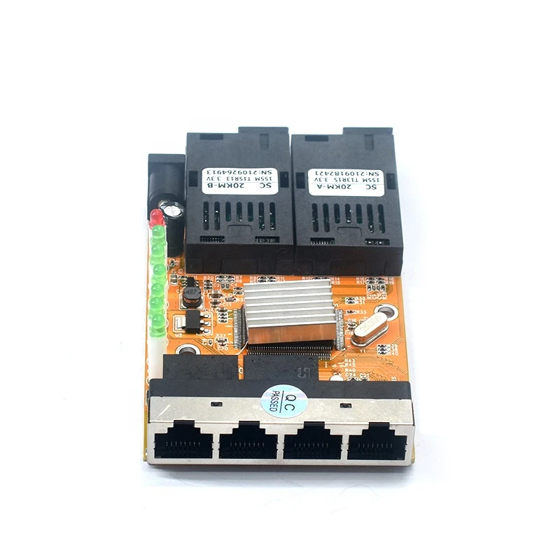 Reverse PoE 10/100M Fast Single Mode 2 SC Fiber 4 Lan Port Media Converter Passive POE PCB Board