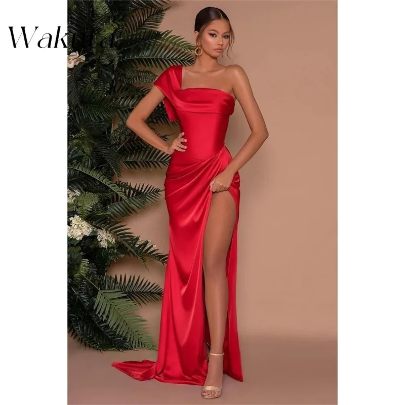 Wakuta Fashion One Shoulder Bridesmaid Dresses Long with Slit Pleated Satin Mermaid Formal Evening  A-Line Vestido De Graduación