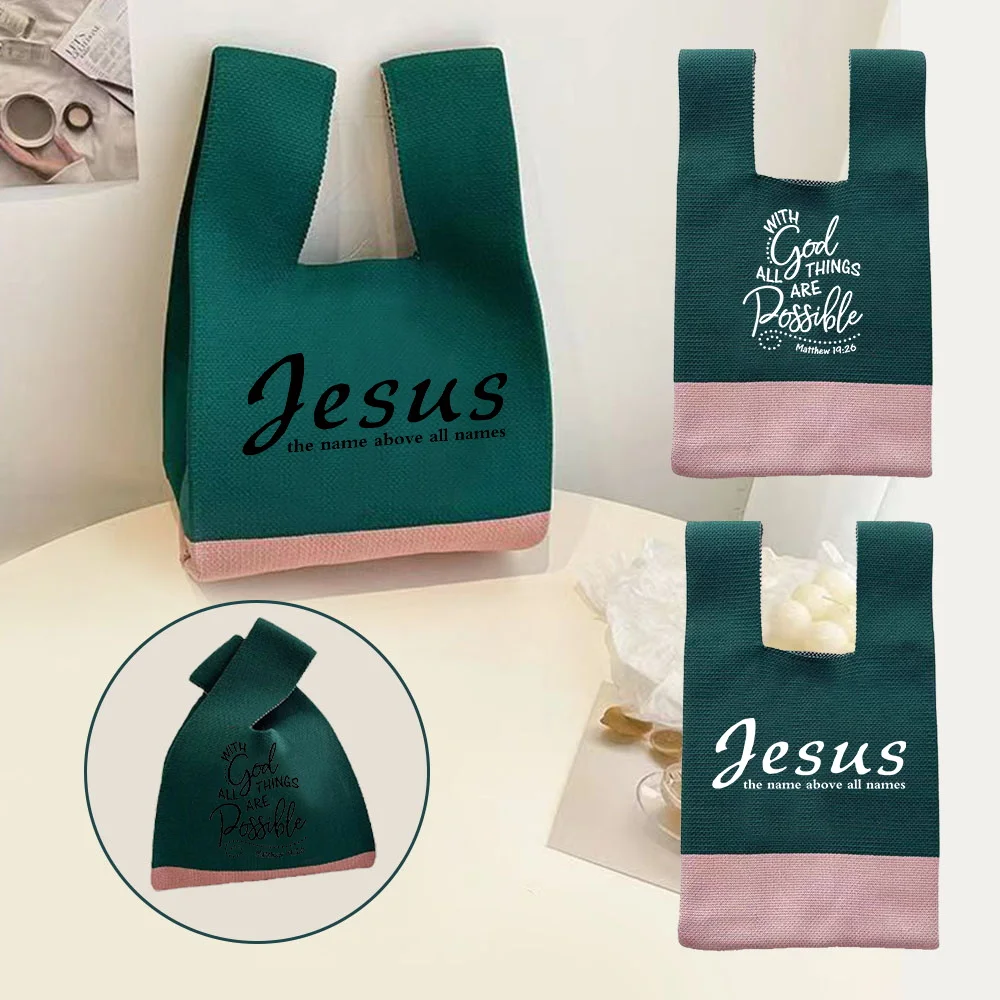 

Knit Handbag Woven Knot Storage Bag Wrist Tote Bags Jesus Letter Printed Series Pouch Portable Purse Large Capacity Handbags