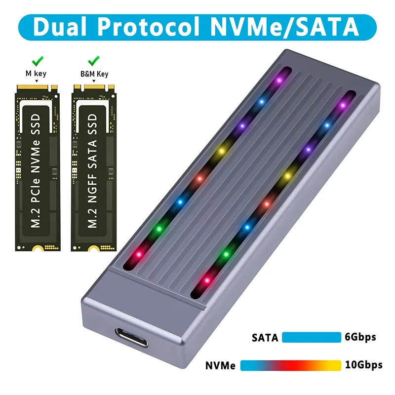 

Портативный внешний корпус для ПК, двойной протокол SSD, NVME M.2 SATA, корпус SSD RGB, USB C 3,2 Gen2 NVMe NGFF 10G PCIe M2 SSD