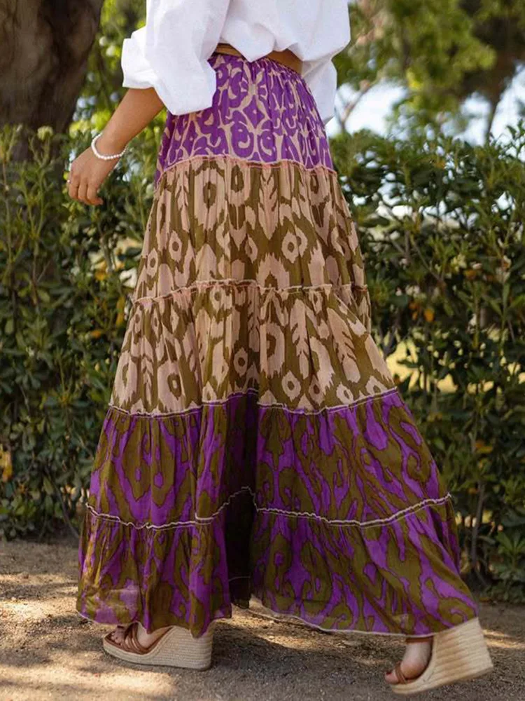 ผู้หญิงลําลอง Ruffles Patchwork กระโปรง,วันหยุดฤดูร้อน Elegant Elastic เอวกระโปรงเก๋,2025 พิมพ์แฟชั่นผู้หญิงกระโปรง