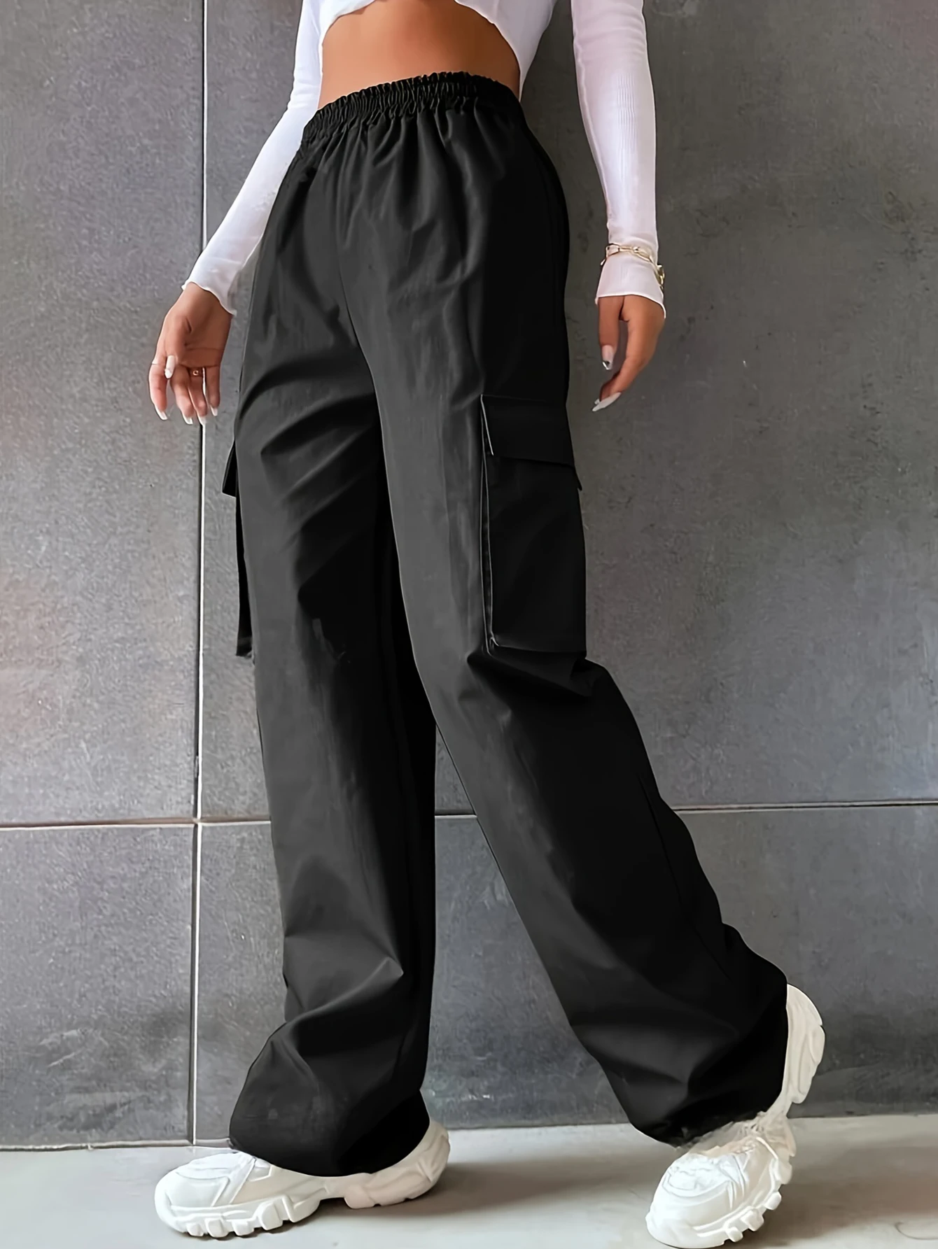 2024 Women Fashion Casual Summer Solid  Black Color Pants Pocket Wide Leg Baggy Trousers Y2k Streetwear Long Sweatpants On Sale